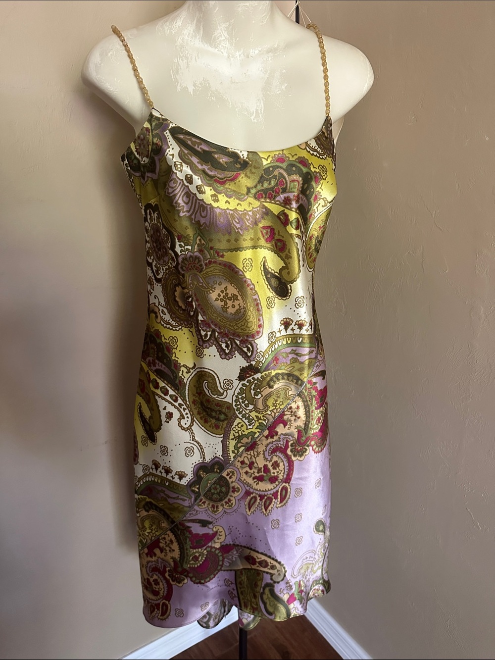 ABS Allen Schwartz Olive Green Paisley Silk Midi Slip Dress with Pink Accents